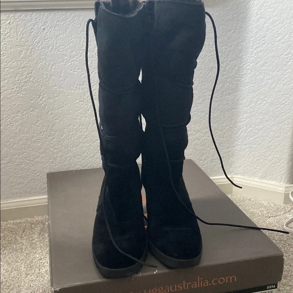 Women's UGG Black Suede lace up Boots - Picture 3 of 8